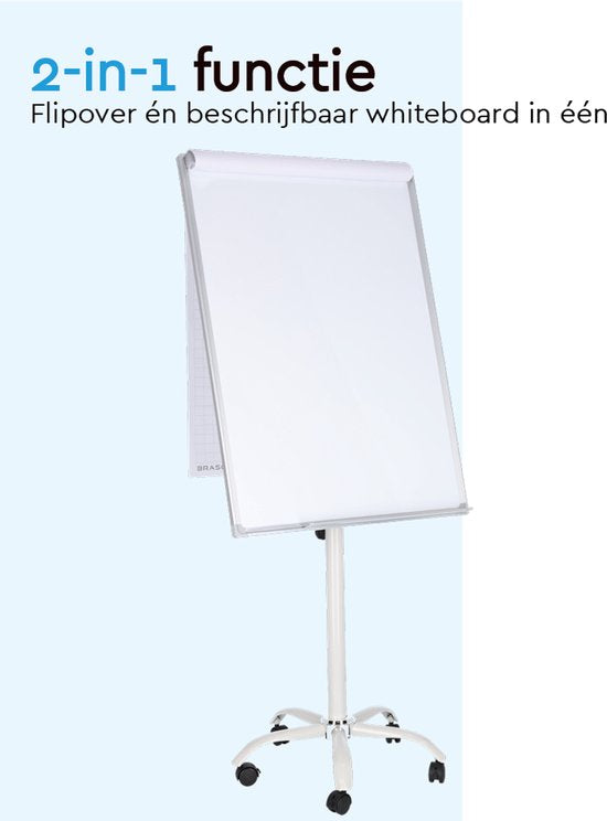 BRASQ Flipover Mobile - 70x100 cm - Tableau blanc ajustable - Comprend 25 feuilles de papier, 4 marqueurs, 8 aimants, une gomme - Flipover avec trombone et crochets - Tableau magnétique - Tableau magnétique - Blanc