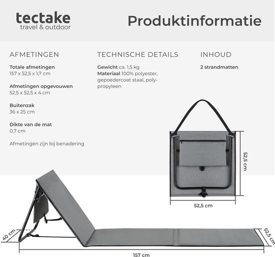tectake® Beach Mat - Lot de 2 tapis de plage pliables avec dossier réglable, sangle de transport et compartiment de rangement - Idéal pour la plage, le camping ou le jardin - Léger et facile d'entretien - Gris