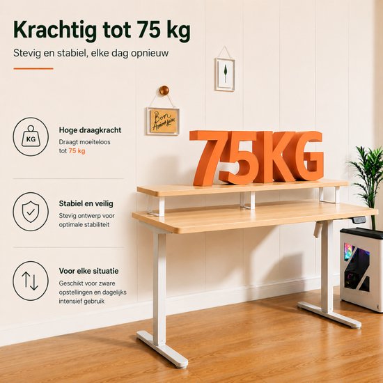 Bureau assis-debout Organess - Réglable électriquement - 120 x 60 cm avec rehausse - Fonction mémoire - Système anti-collision - Hauteur réglable