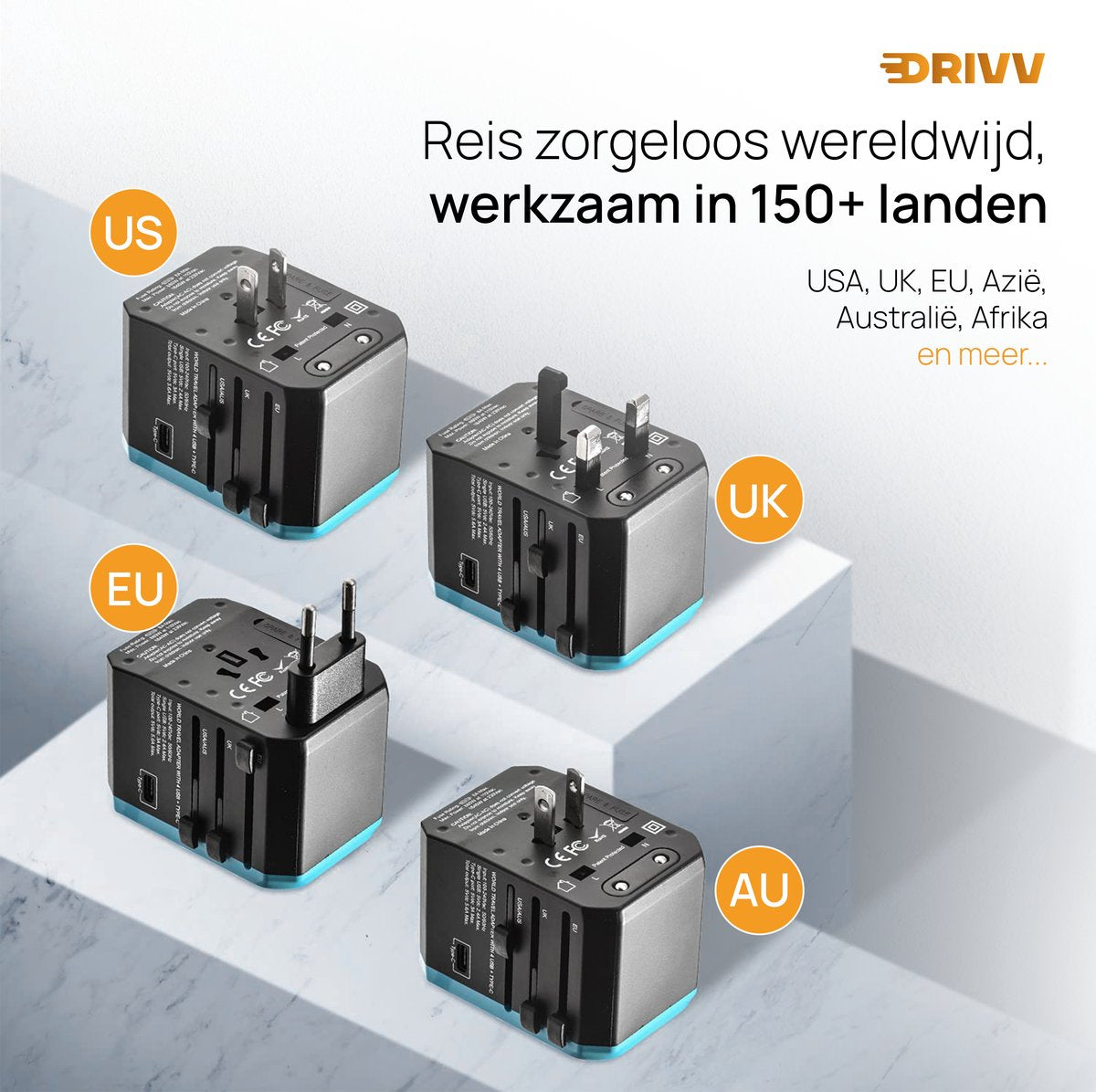 Drivv. Adaptateur universel - 4 ports USB et 1 port USB-C à chargement rapide - Adaptateur de voyage pour les États-Unis / l'Angleterre / le Royaume-Uni / le Canada / l'Afrique / le Japon / le Mexique / la Thaïlande / l'Amérique du Sud - Types A, B, C, E,