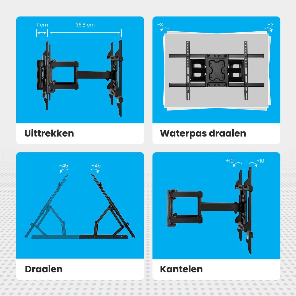 Support mural pour écran - Auronic - Support TV - Rotatif et inclinable - 37 à 70 pouces - jusqu'à 60 KG - Noir