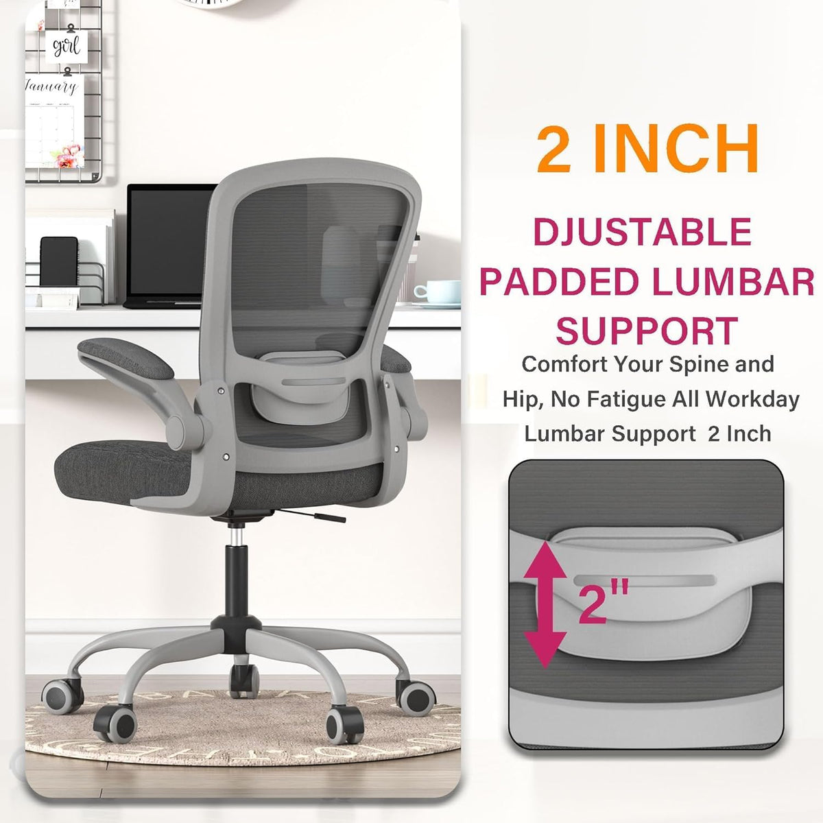 Chaise de bureau ergonomique - Soutien lombaire réglable - Accoudoirs rabattables - Fonction d'inclinaison à 135°