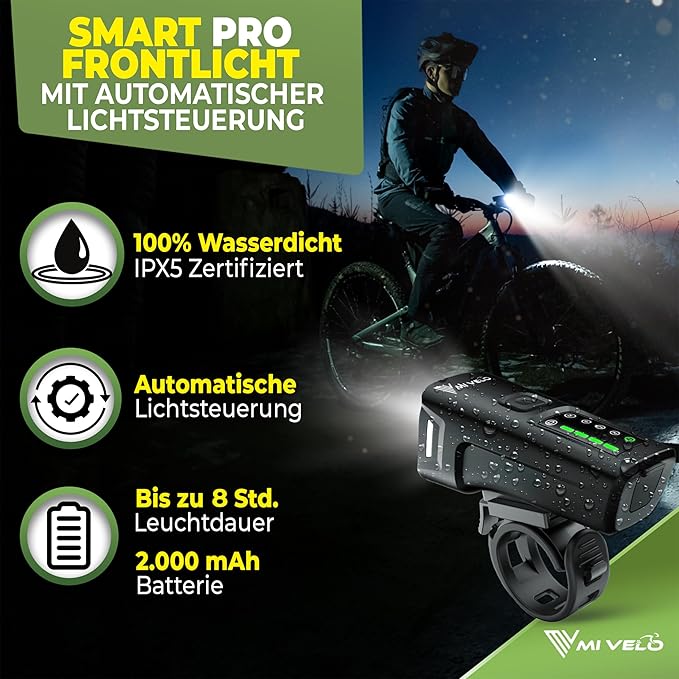 Mivelo Smart LED Bicycle Light Front and Rear - 11 Hour Battery Life - Rechargeable