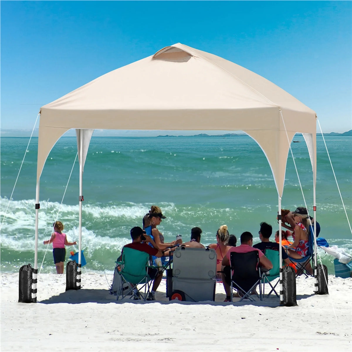Pavillon pop-up Yaheetech 3 × 3 m, hauteur réglable, avec sac à roulettes, sacs de sable et piquets, beige