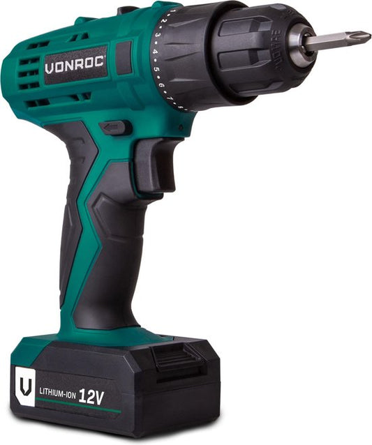 VONROC Perceuse sans fil - 12V Li-Ion - Incluant 1x batterie, chargeur rapide, embouts de vissage et sac de rangement