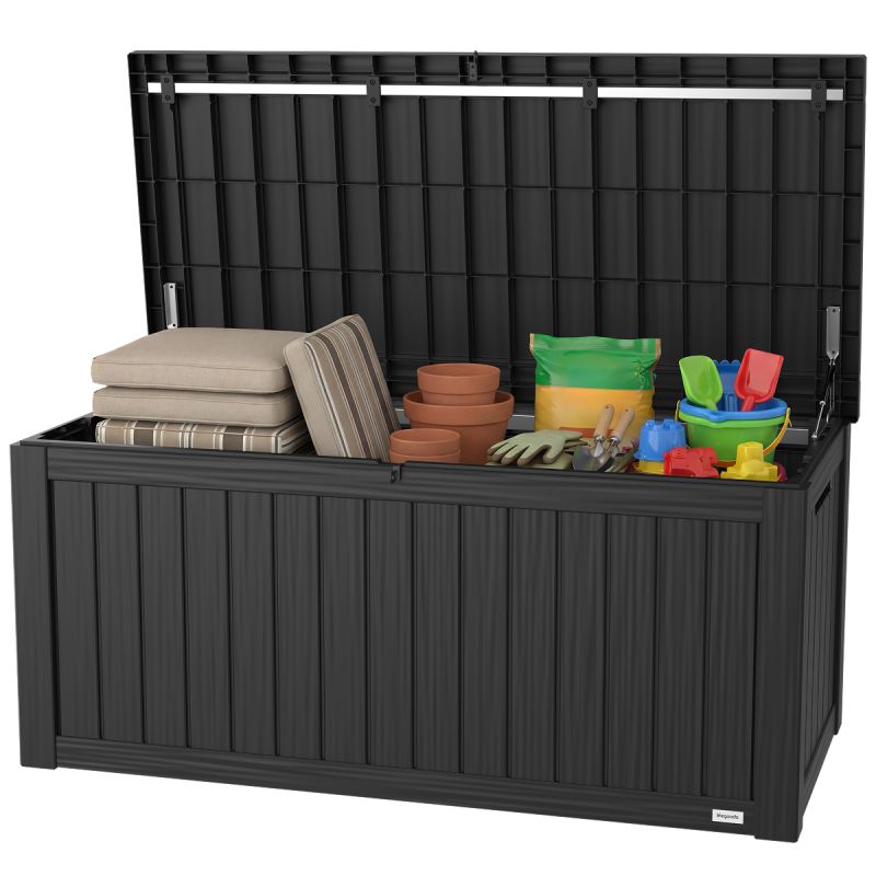 LifeGoods - Boîte de rangement Boîte à coussins M - 142 x 67 x 60 cm - Capacité de 450 litres - Ressort à gaz de luxe et poignées intégrées - Pour set de salon et outils de jardin - Plastique noir