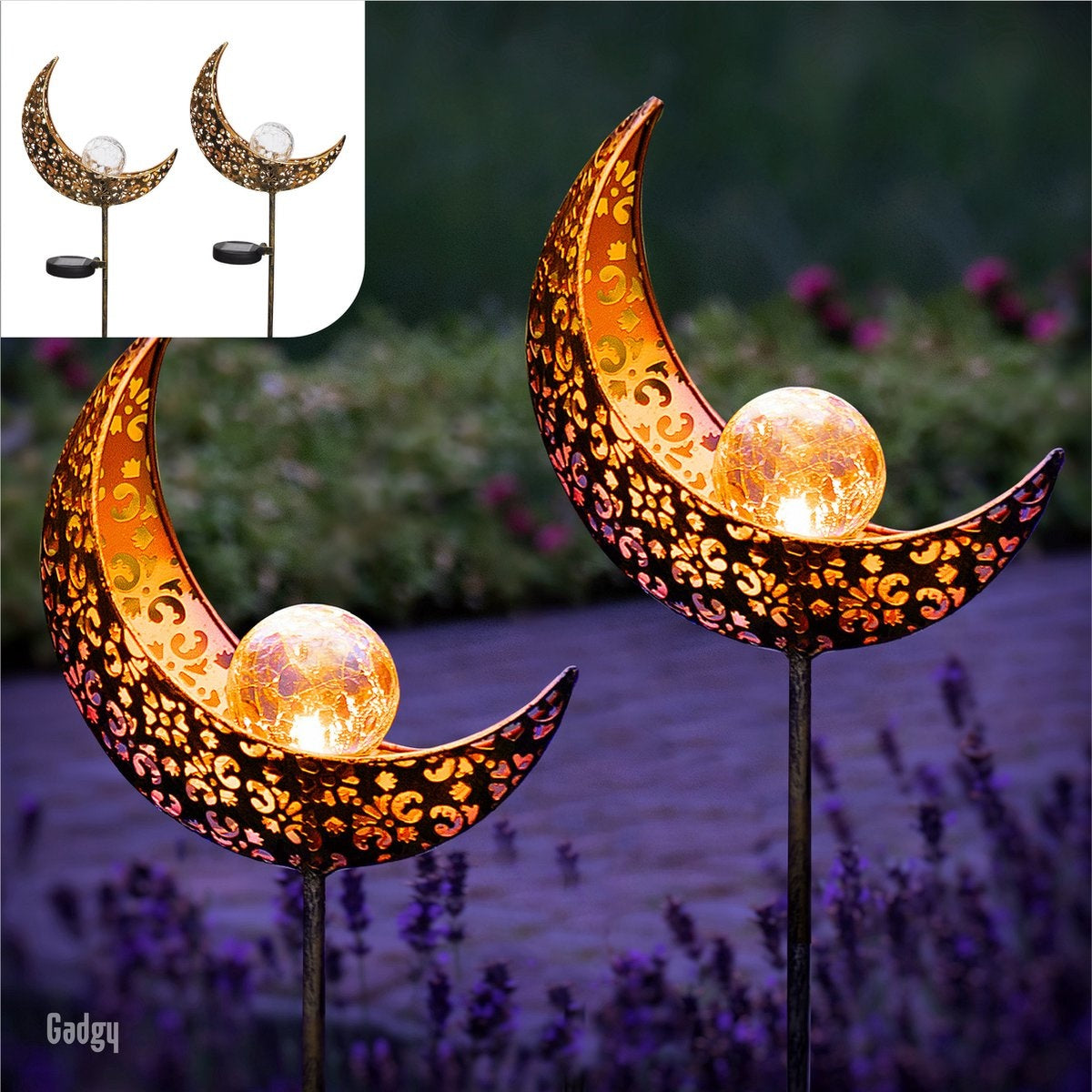 Gadgy Solar Tuinverlichting - Maan Lamp met grondspies - Tuinverlichting op zonneenergie Buiten - Set van 2 st. - Led Buitenverlichting met Sensor - Tuinlantaarn - Tuinfakkel 88 cm hoog - Tuinsteker - Brons - Metaal