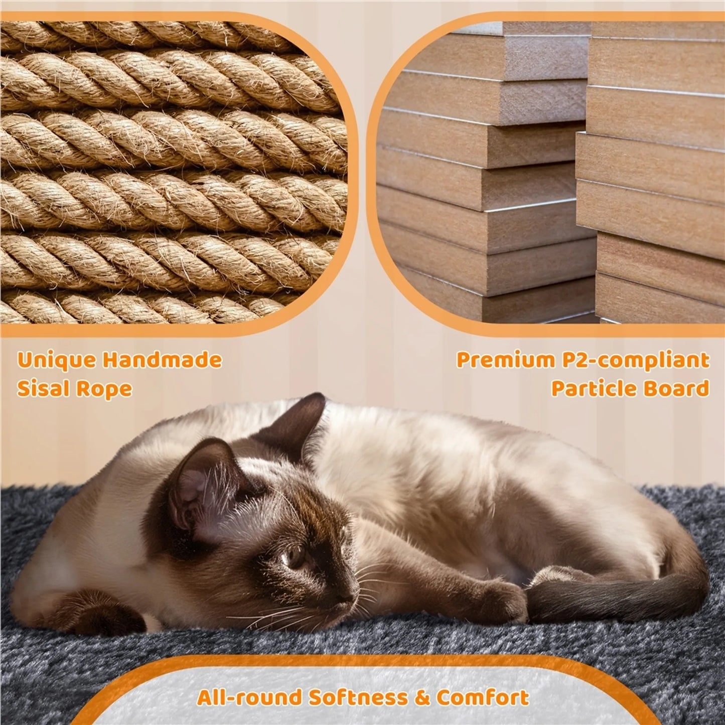 Yaheetech Cat Post With Two Cat Houses - Equipped With Viewing Platform And Scratching Board And Sisal Pole And Play Ball - For 1-2 Small To Medium Cats - Dark Grey Plush And Sisal - 60 x 45 x 106 cm