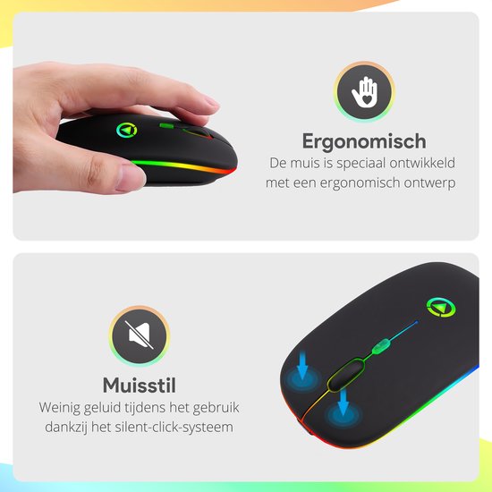 Techvavo® Wireless Mouse Laptop - Souris d'ordinateur - Souris rechargeable - Eclairage LED - Souris sans fil silencieuse - Convient pour les jeux - Noir