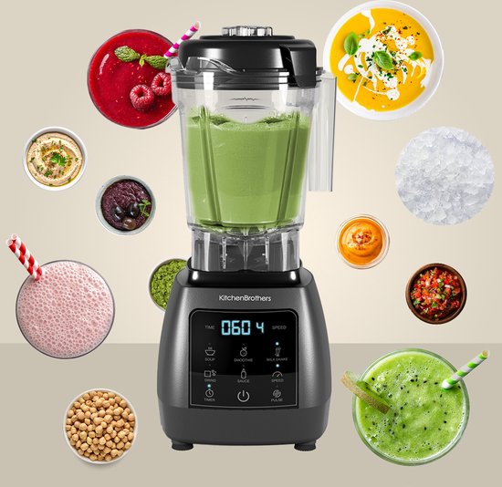 KitchenBrothers 2-in-1 Power Blender - 1600W - 2L - Ensemble complet avec hachoir et gobelet - Smoothie Maker - Ice Crusher - Gris Métallique