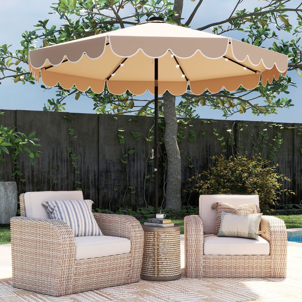 Parasol de jardin Coast avec éclairage LED - commande à cordon - inclinable jusqu'à 35° - marron 300 x 253 cm