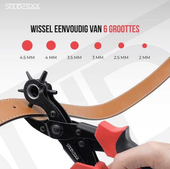 SolidStock Pince à trous pour ceinture - avec bâton de mesure - Pince à perforer - Pince revolver - Pince à trous - Rouge