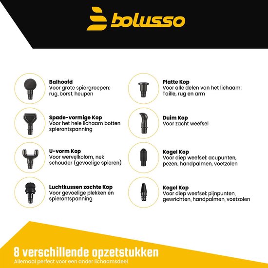 Bolusso Premium Massage Gun - Massage sportif et relaxant - Appareil de massage - 8 embouts - 30 modes - Professionnel - E-book gratuit