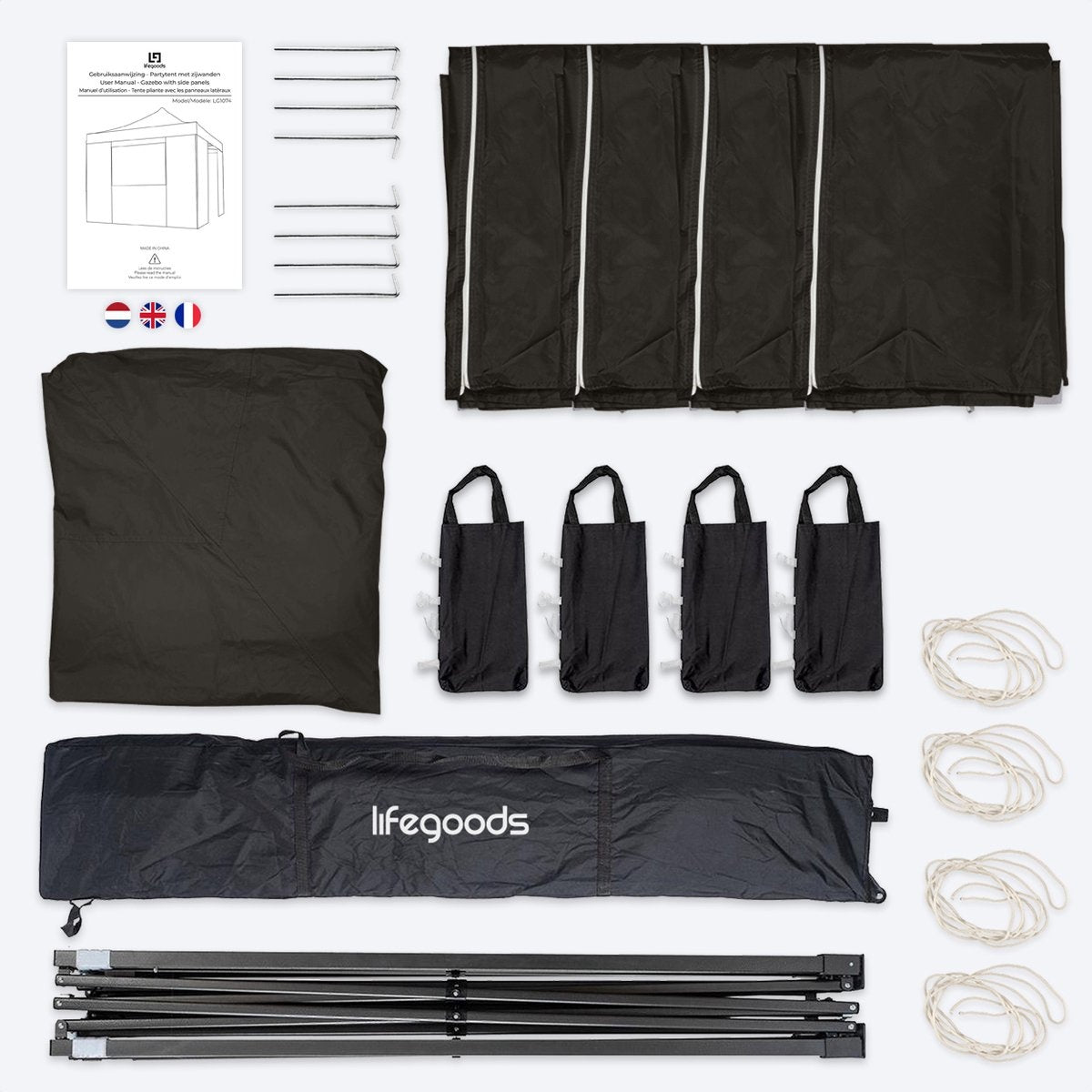 Chapiteau de jardin LifeGoods - 3x6 m - Pliable - Etanche - Parois - Sac de transport à roulettes - Anthracite