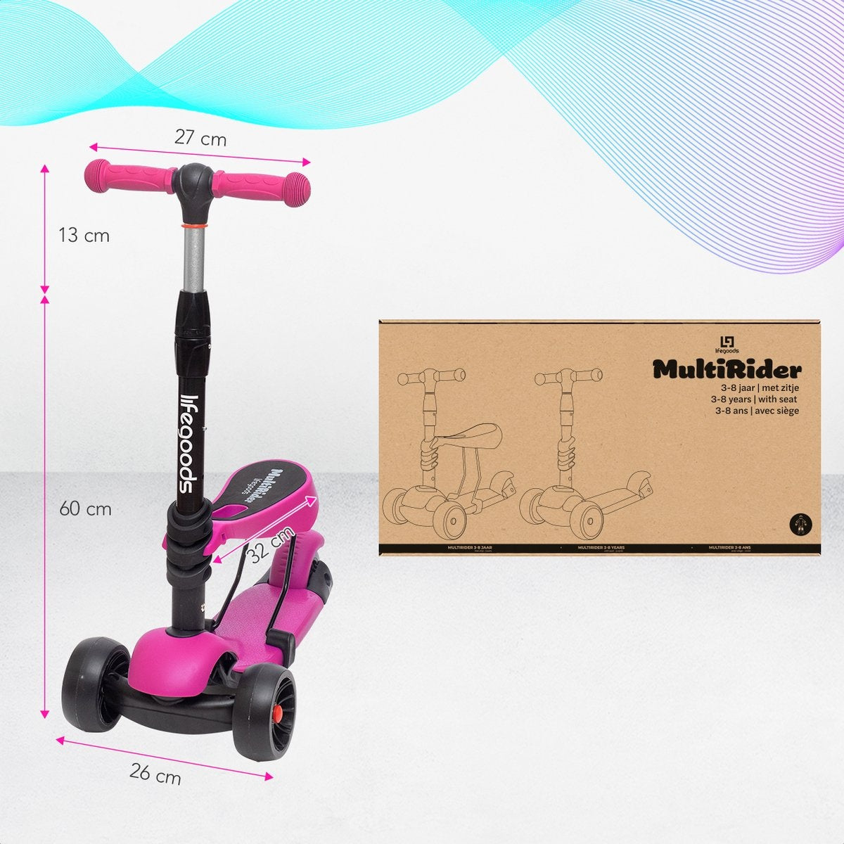 LifeGoods MultiRider Scooter pour enfants - Étape 3-8 ans - Siège réglable - Roues lumineuses - Garçons/Filles - Rose