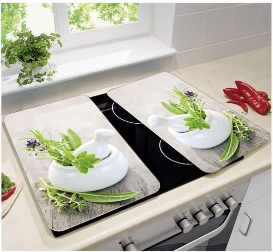 Wenko : Caches pour plaque de cuisson - Herb Garden - 52 x 30 cm - Verre - Blanc - Lot de 2