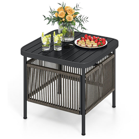 Table d'appoint d'extérieur Coast - en rotin résistant aux intempéries - avec trou pour parasol - noir - 56 x 56 x 49 cm