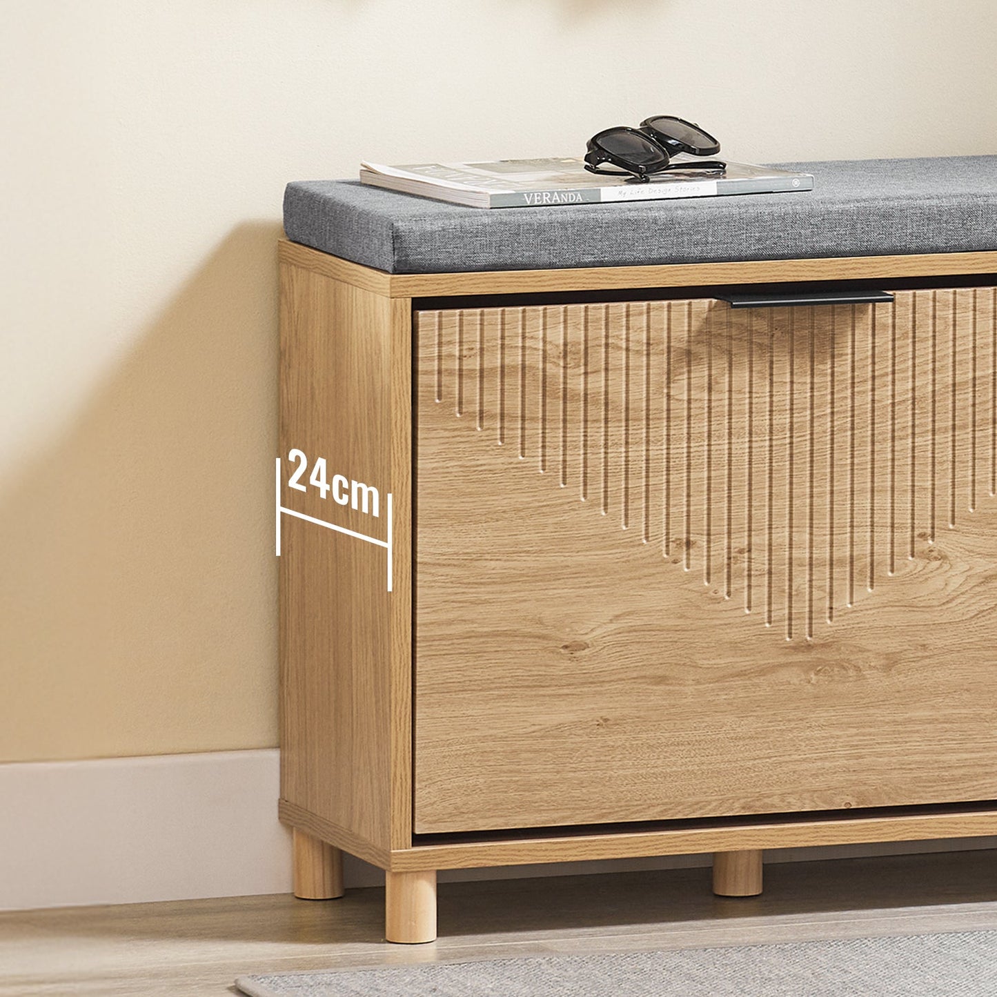 SoBuy FSR199-N Banc à chaussures avec rangement et coussin rembourré, gris et bois clair, 60 x 24 x 50 cm