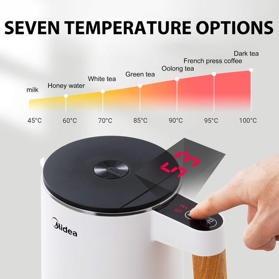 Bouilloire électrique Midea - MK-HE1533 - Capacité de 1,5 L - 7 réglages de température