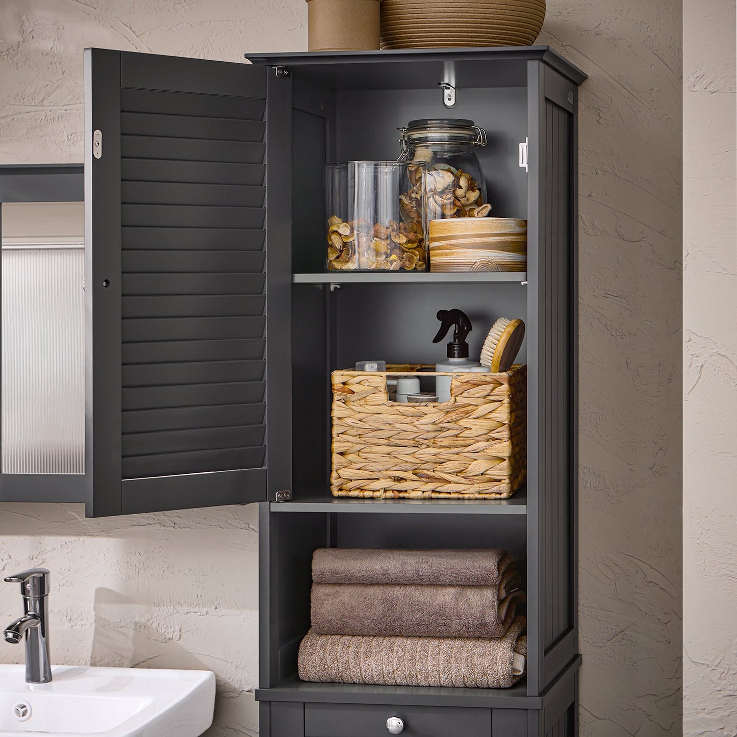 SoBuy Meuble colonne - BZR124-DG - Salle de bain - Panier à linge amovible - Anthracite