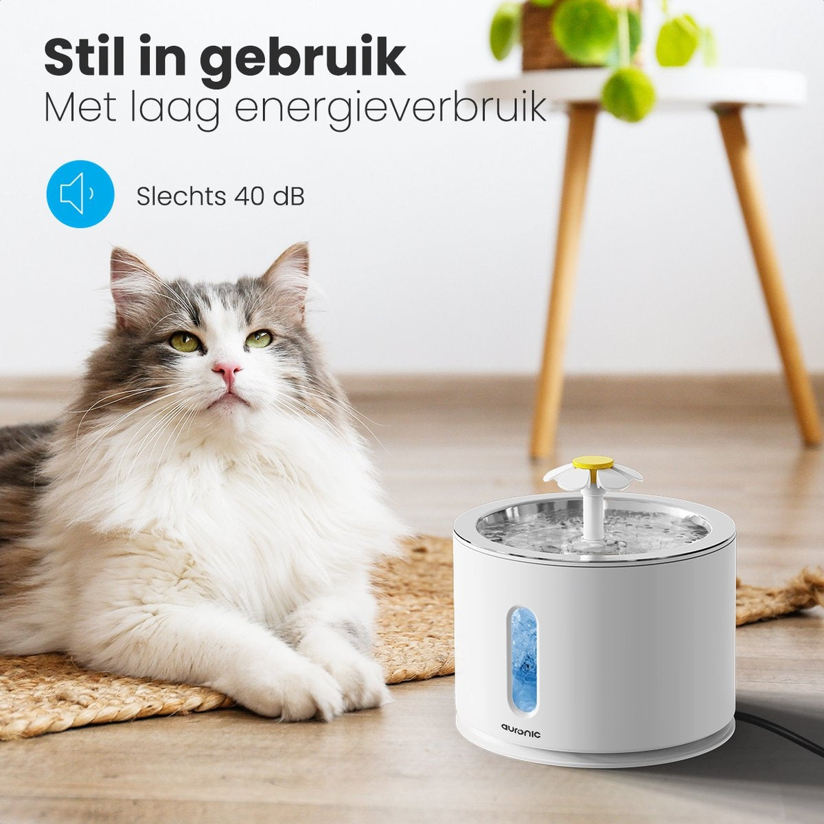 Abreuvoir Auronic - Fontaine à eau pour chats et chiens - 2.4L - Abreuvoir pour animaux - 4 filtres et 2 brosses inclus - Blanc