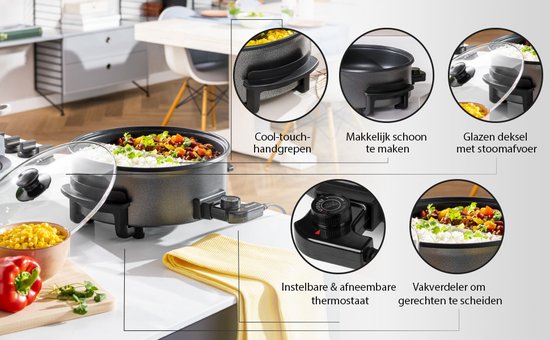 Tristar Casserole PZ-9135 - Casserole électrique avec couvercle 30 cm - Snack Pan XL - Revêtement antiadhésif et thermostat réglable - Maximum 250 ⁰C - Noir