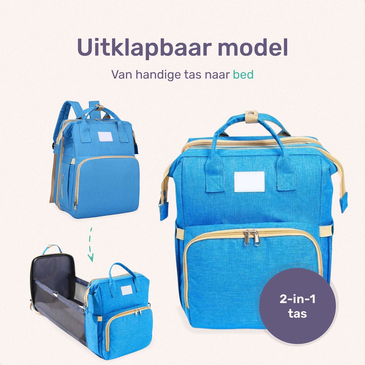 Sac à langer Qwali transformable en lit - 7 porte-biberons - Bleu-gris