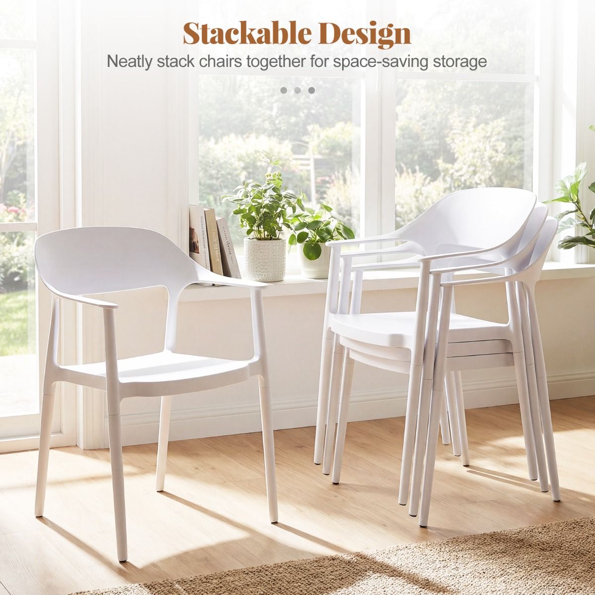 Ensemble Coast de 4 chaises de jardin empilables avec accoudoirs et dossier - Blanc - 57 x 53 x 83 cm