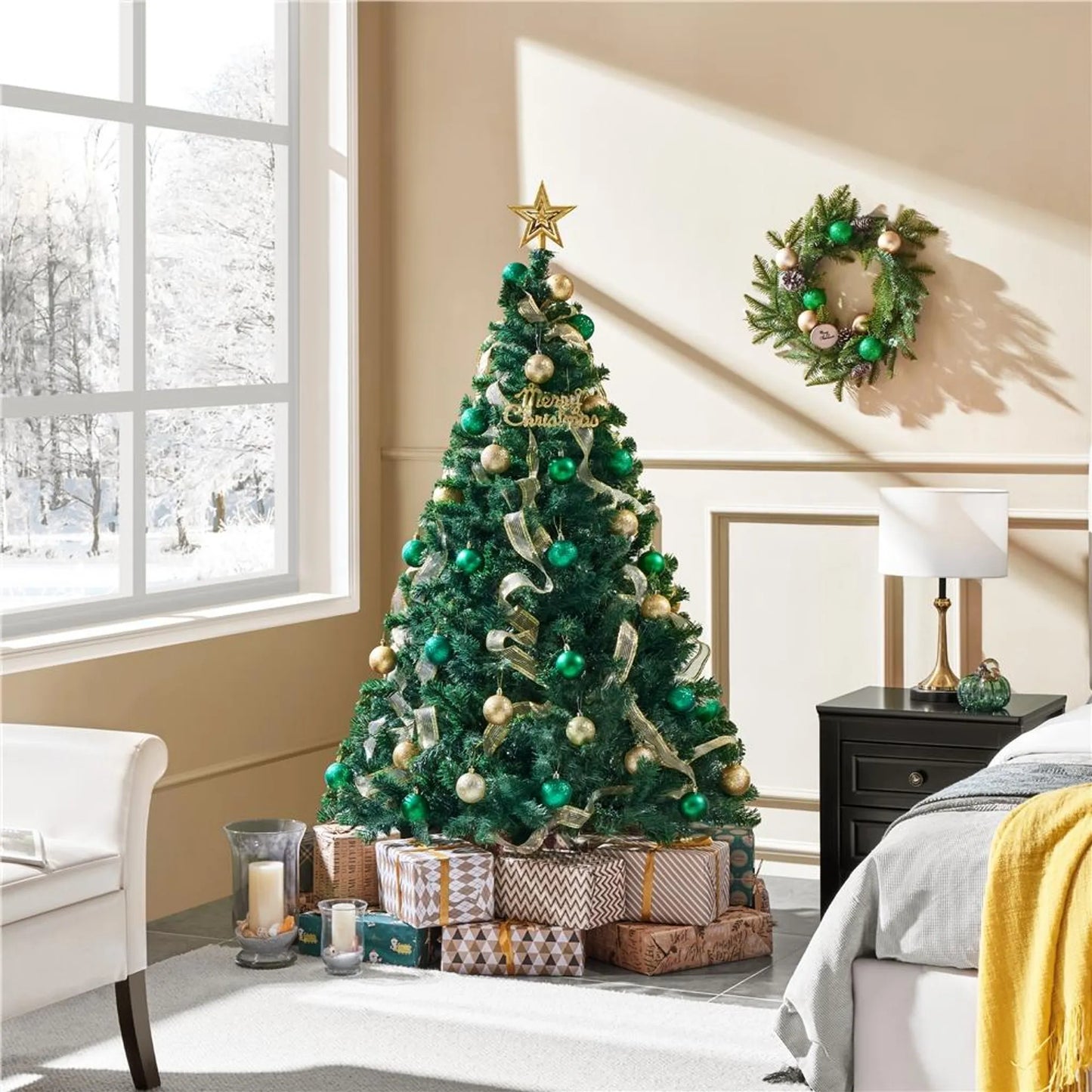 Yaheetech Sapin de Noël artificiel - 183 x 110 x 110 cm - 598 branches, base en métal pliable et capuchons en caoutchouc protecteurs - Pour le salon et les vacances - PVC vert et métal
