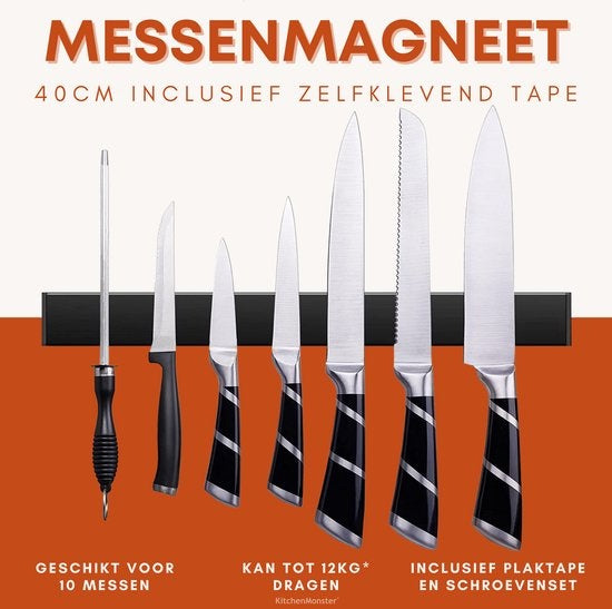 Bloc de couteaux aimanté 40 cm - KitchenMonster® - Porte-couteau magnétique avec bande adhésive (3M) et fixation par vis - Bande magnétique pour couteaux en acier inoxydable - noir