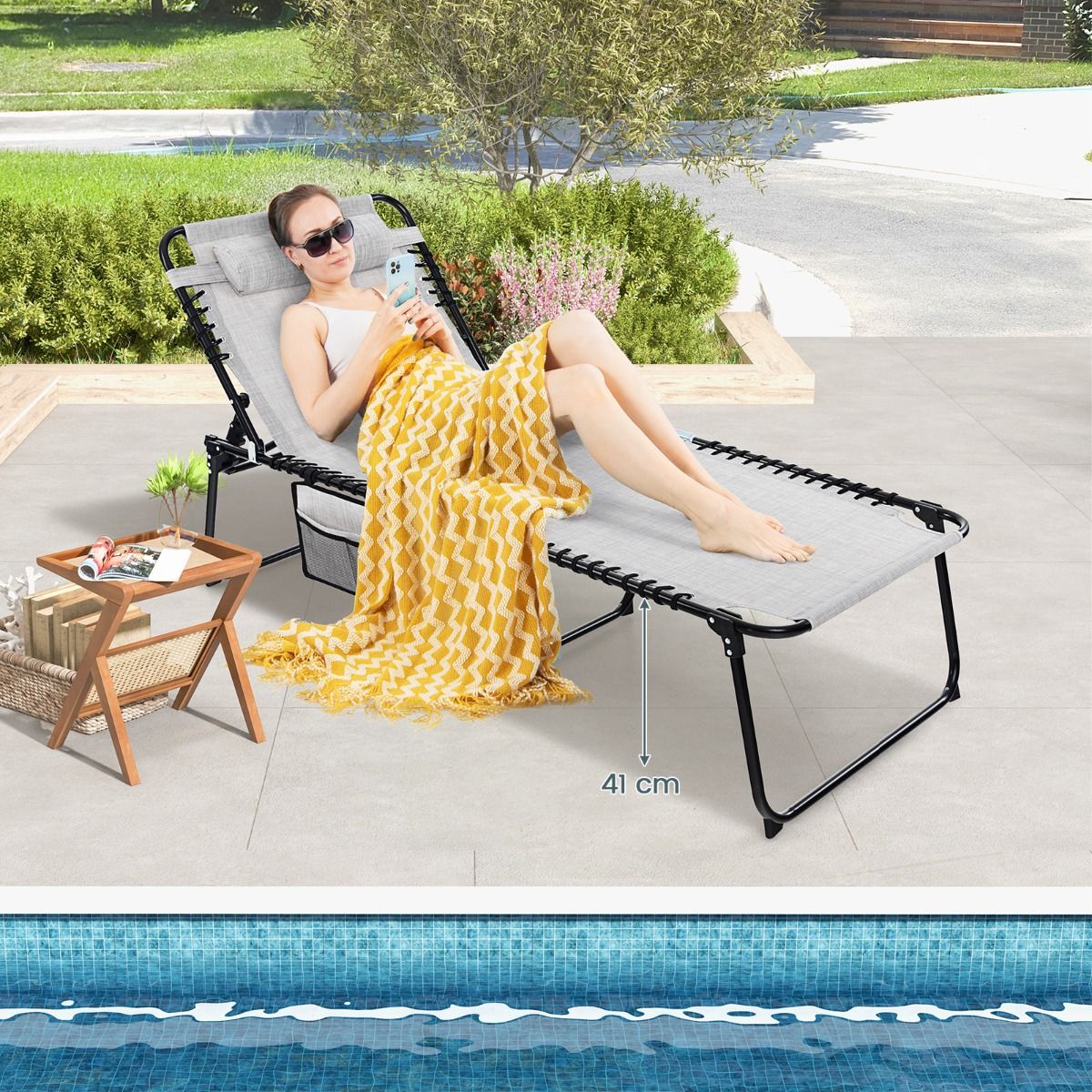 Chaise longue pliable extra-large - Noir/Gris - 200 kg - Dossier et repose-pieds réglables - Avec poche latérale