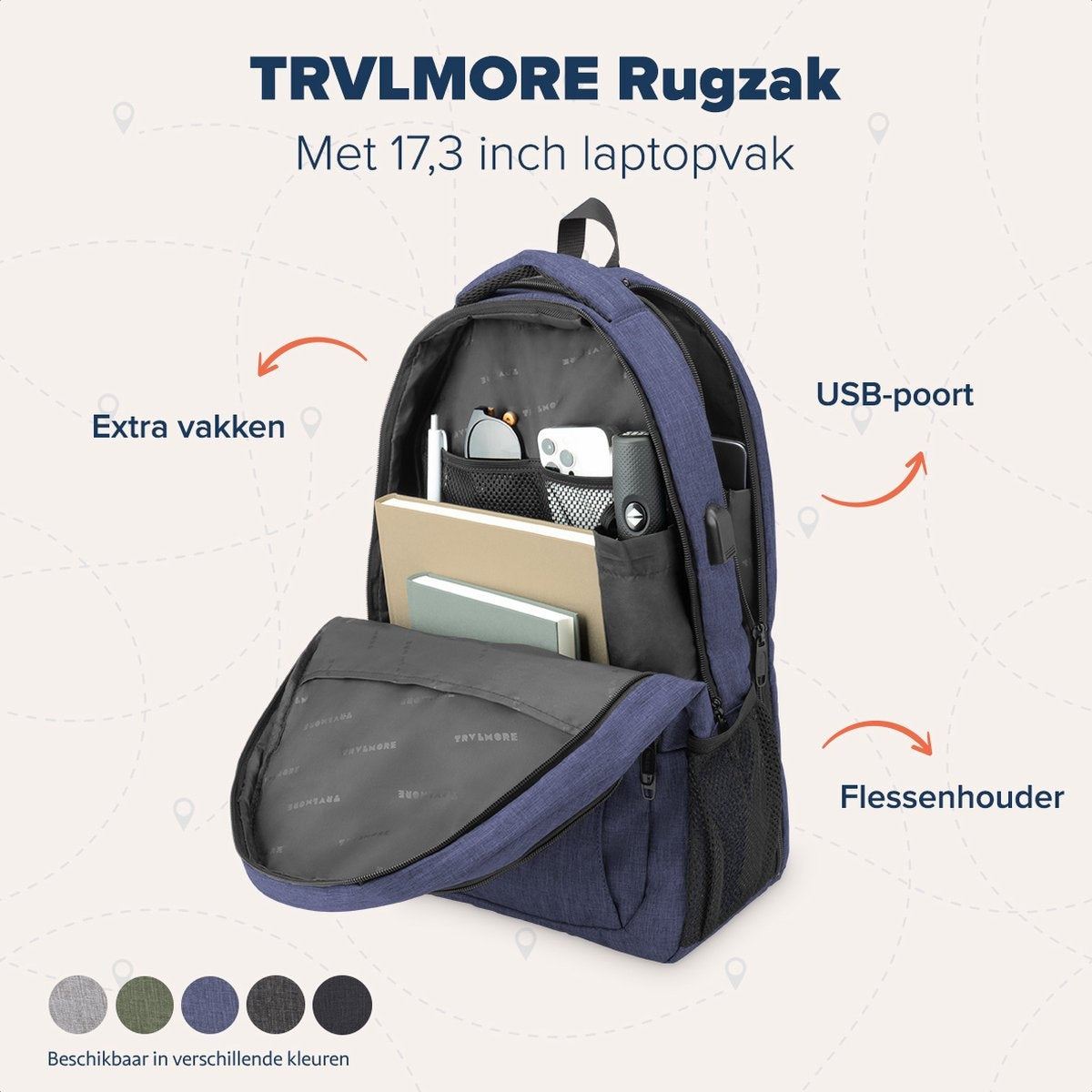 TRVLMORE Sac à dos - 36L - 17.3 inch - Sac à dos pour ordinateur portable - Sac d'école - Unisex - Splashproof Blue