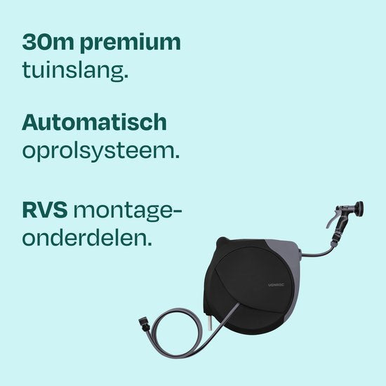 Enrouleur de tuyau automatique VONROC – boîtier mural – Avec tuyau d'arrosage haut de gamme de 30 m, pistolet d'arrosage à 8 jets et raccords – noir/gris