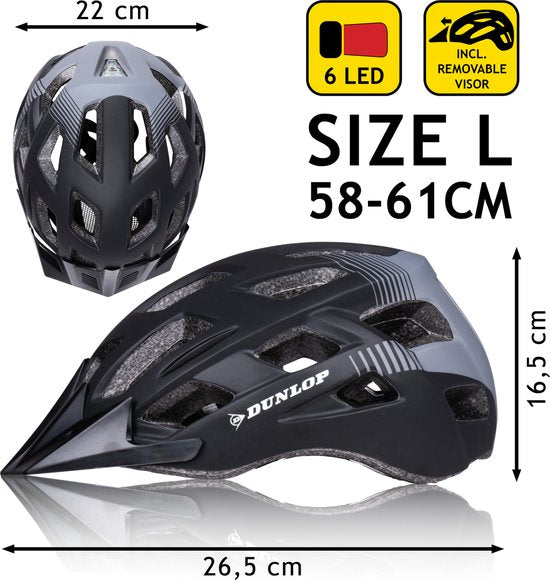 Dunlop Bicycle Helmet - Casque VTT - Taille L - Ajustable 58-61cm - Eclairage LED - Noir