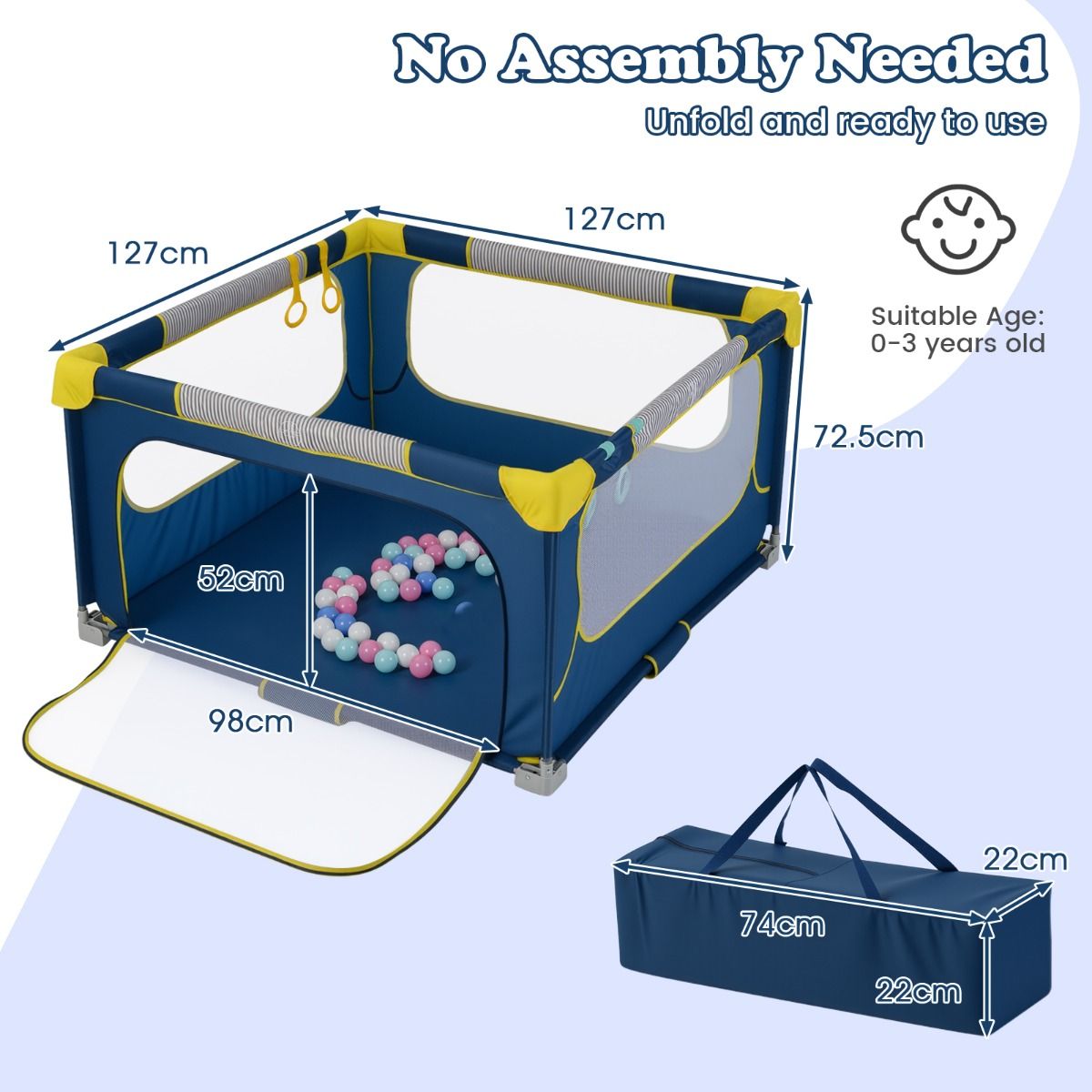 Parc pliable pour bébé Coast 127 x 127 x 72,5 cm - 50 balles et 4 anneaux à tirer - Porte à fermeture éclair - Bleu