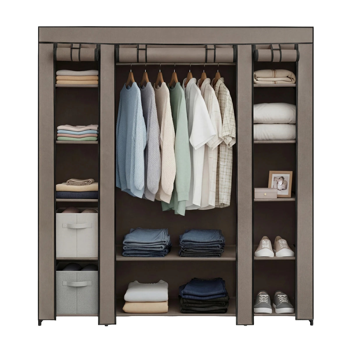 Armoire Ochama, armoire portable pour chambre, penderie avec housse en tissu, rangement pour vêtements, 150 x 45 x 175 cm, taupe