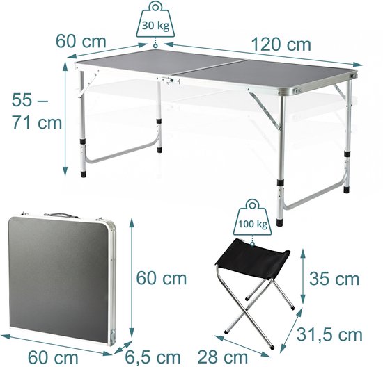 Table de camping - avec 4 chaises - pliable - réglable - noire