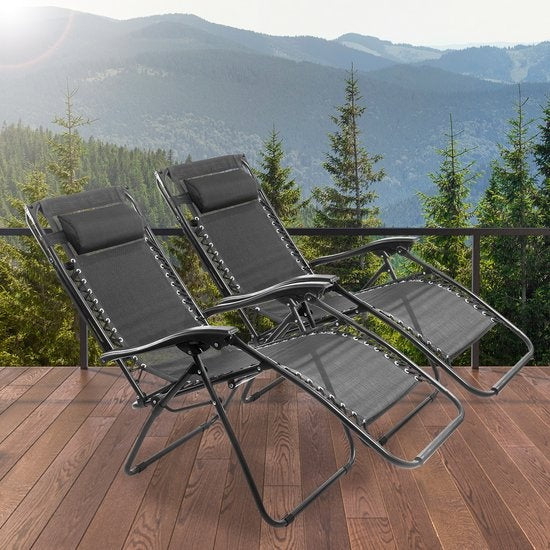 LifeGoods Chaises de jardin pliables - avec auvent - parasol réglable - 2 pièces - 30°-90° réglable - métal - noir