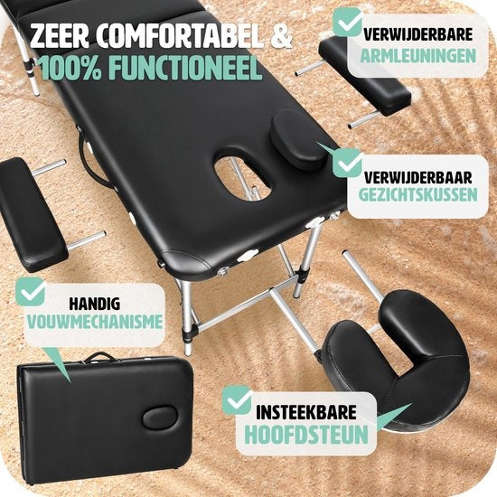 Table de massage mobile en aluminium 3 zones - noire - table de traitement - divan de traitement - sac de rangement inclus - pliable