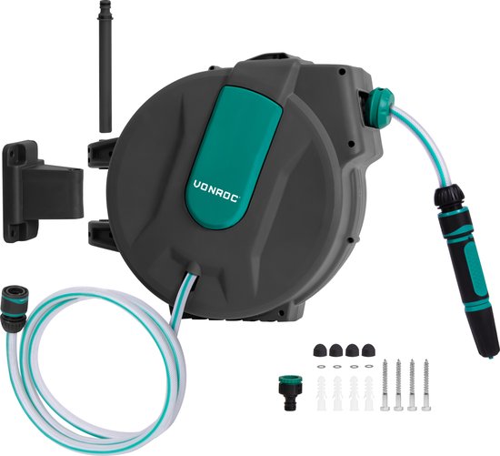 VONROC Wall Hose Box - Comprend un tuyau d'arrosage de 25 m, un tuyau de raccordement, une buse, des raccords et un robinet - Système d'enroulement automatique