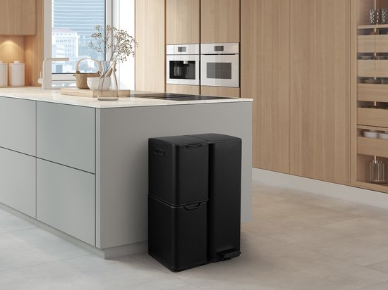 Umuzi Poubelle de nettoyage - 60L - Fermeture douce - Noir mat - Séparation des déchets 3 bacs - 47 x 39 x 72
