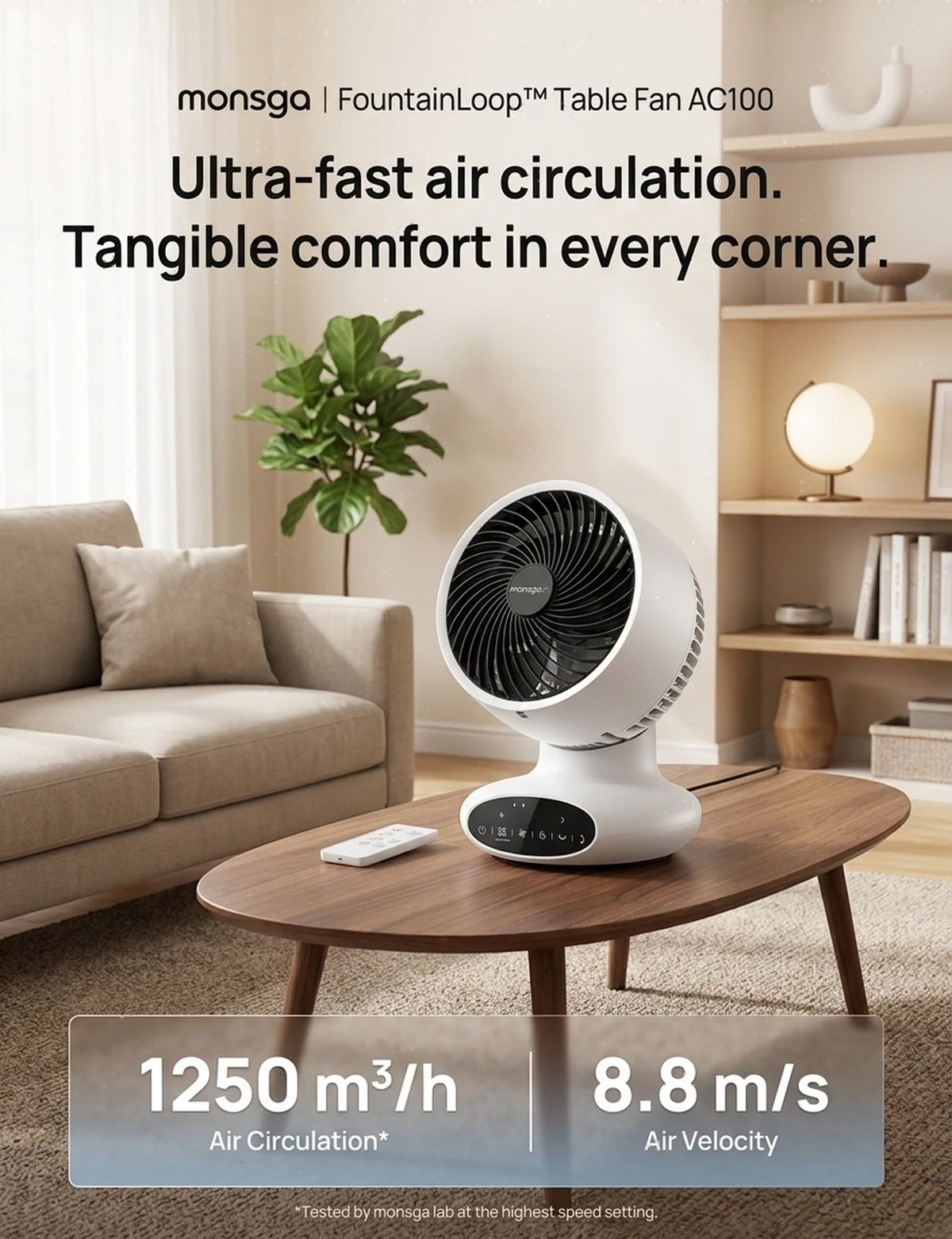 Ventilateur à circulation d'air MONSGA AC100 - Ultra silencieux 25 dB - 5 vitesses - Minuterie et mode veille