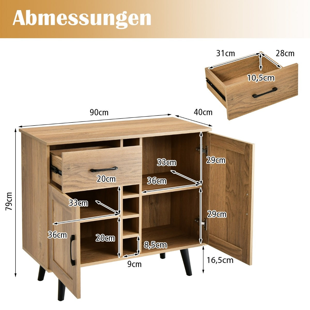 Coast buffet armoire de cuisine avec portes et tiroirs cuisine rustique fromage 90 x 40 x 79 cm naturel