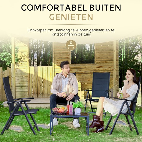 O'DADDY® Garden Chairs set of 4 - Chaise de jardin réglable - Design pliable - Chaise pliante - Chaise de camping - 7 pieds - Aluminium & Textile - Noir