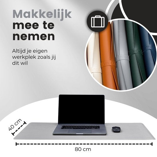 WURK Tapis de bureau professionnel en cuir synthétique - Organiseur de bureau - Accessoires de bureau - Tapis de souris XXL - Avec clip de câble - 80x40 - Gris
