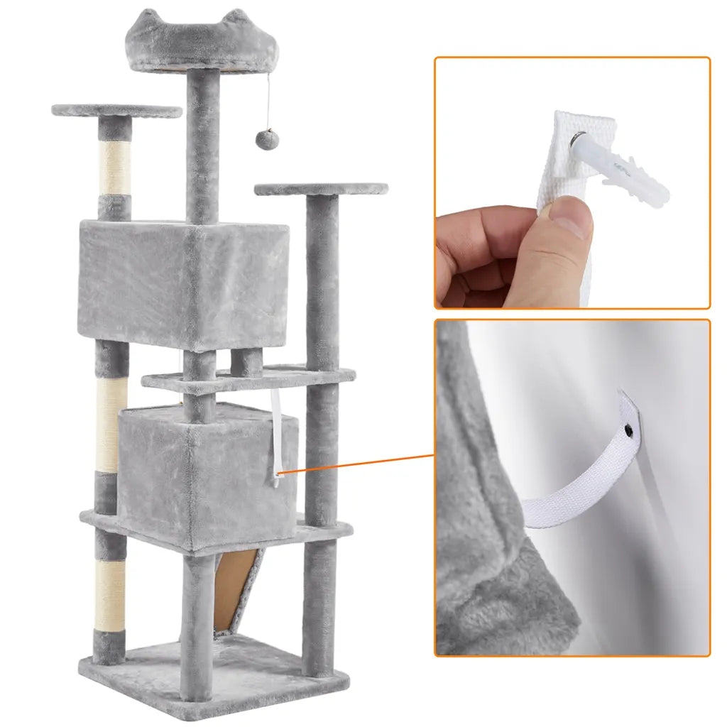 Arbre à chat Yaheetech de 178 cm avec deux niches pour chats, gris clair