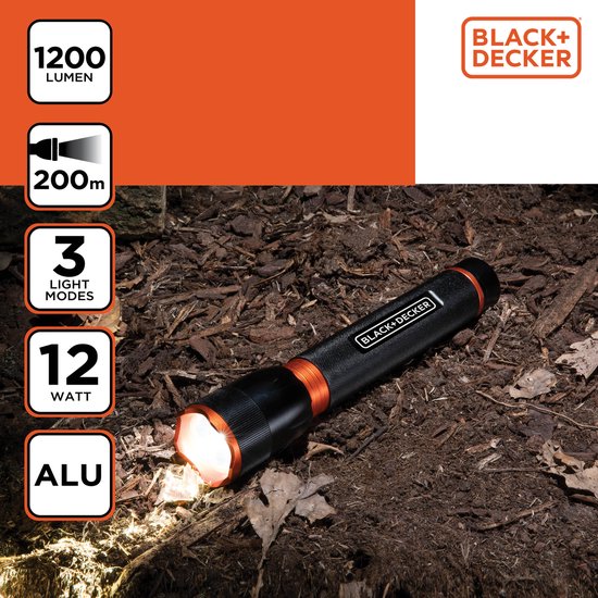 BLACK+DECKER Lampe de poche LED - 1200 Lm - 12 W - 200 M Faisceau lumineux - Ø 48 x 233 MM - 360 G - Aluminium
