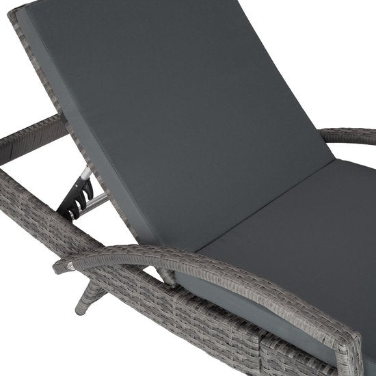 tectake® - Chaise longue en osier - Dossier réglable (5 positions) - Coussin de chaise longue inclus avec housse lavable - gris - poly-rattan