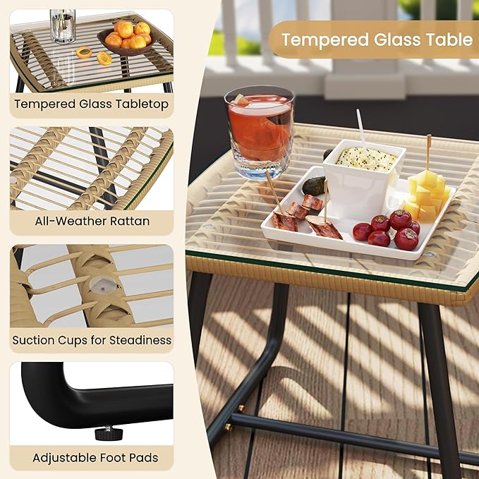 Ensemble de bistrot 3 pièces Yaheetech - Coussins et table en verre inclus - Beige/crème