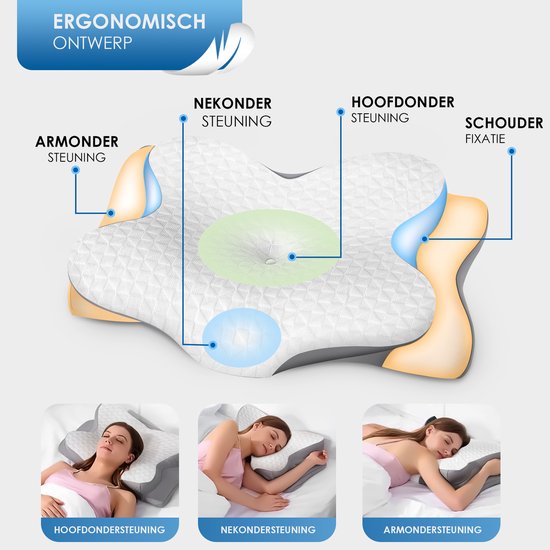 Maqi Living® Oreiller en mousse à mémoire de forme pour les douleurs cervicales – Oreiller orthopédique et ergonomique - Convient aux personnes dormant sur le dos, sur le côté ou sur le ventre - Mousse à mémoire de forme - Gris/blanc